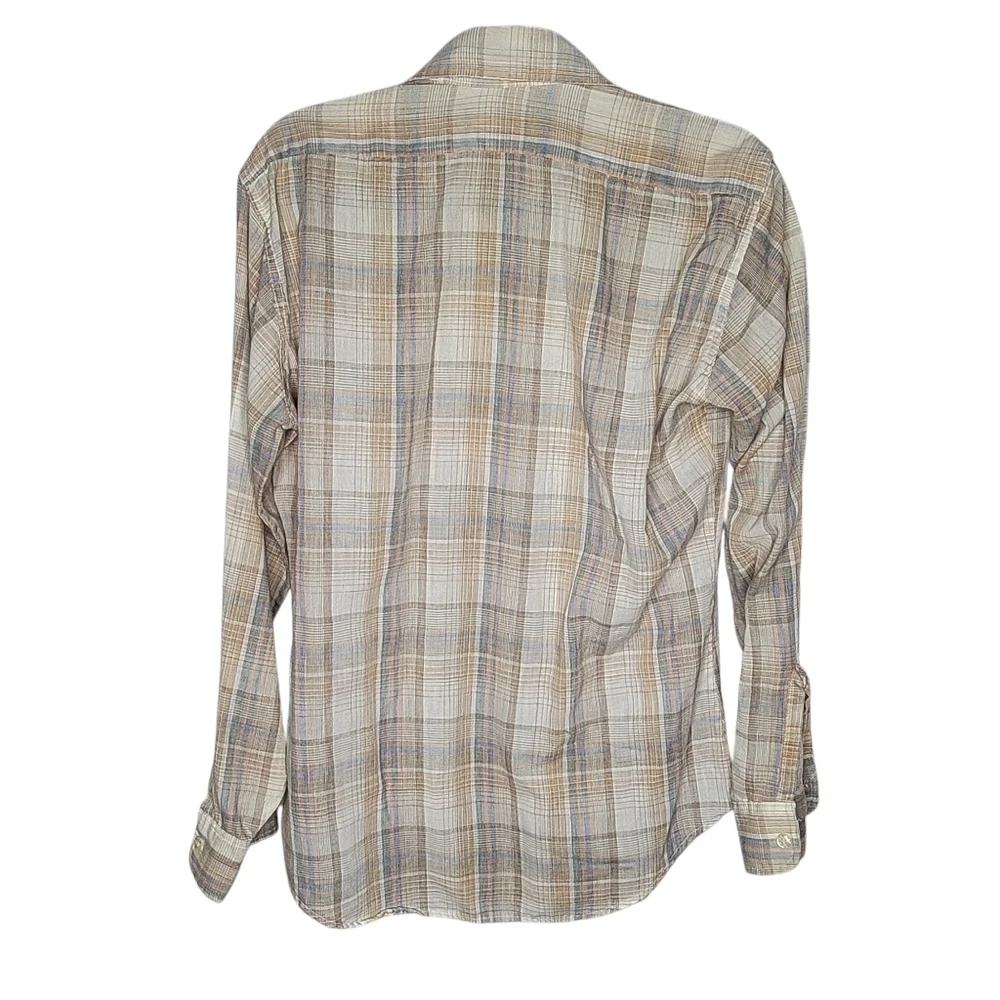 Vintage 80s Levis White Tag Plaid Button Down Shirt Size Medium Tan Blue